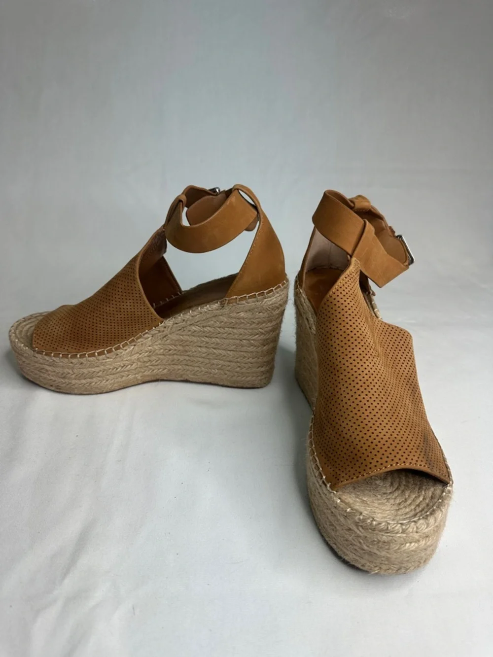 Marc Fisher Tan Perforated Leather Espadrille Wedge Sandals